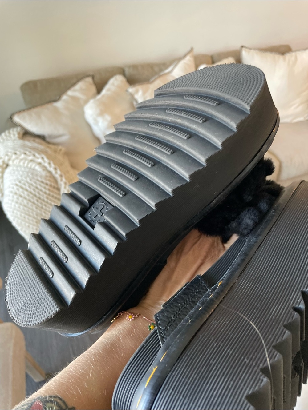 Dr. Martens Black Furry Platform Sandals with Yellow Stitching - Picture 6 of 10